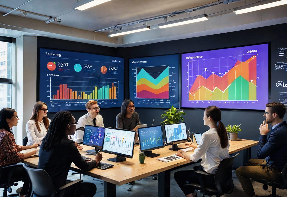 A visually engaging digital scene showcasing a diverse group of people collaborating around a large touchscreen displaying colorful graphs and SEO analytics. The setting should depict an urban workspace filled with plants and tech gadgets, symbolizing growth and innovation. Bright arrows and icons representing traffic and community engagement should be artistically floating around the room. The overall mood should be energetic and inspiring. vibrant colors. 3D.