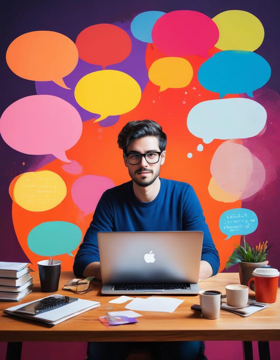 An artistic representation of a writer at a desk, surrounded by colorful speech bubbles symbolizing audience connection. The background features a digital landscape of engaging blog posts and user comments, creating a vibrant atmosphere. Include elements like a glowing laptop and a cozy coffee cup, representing creativity and comfort. super-realistic. vibrant colors. painting.