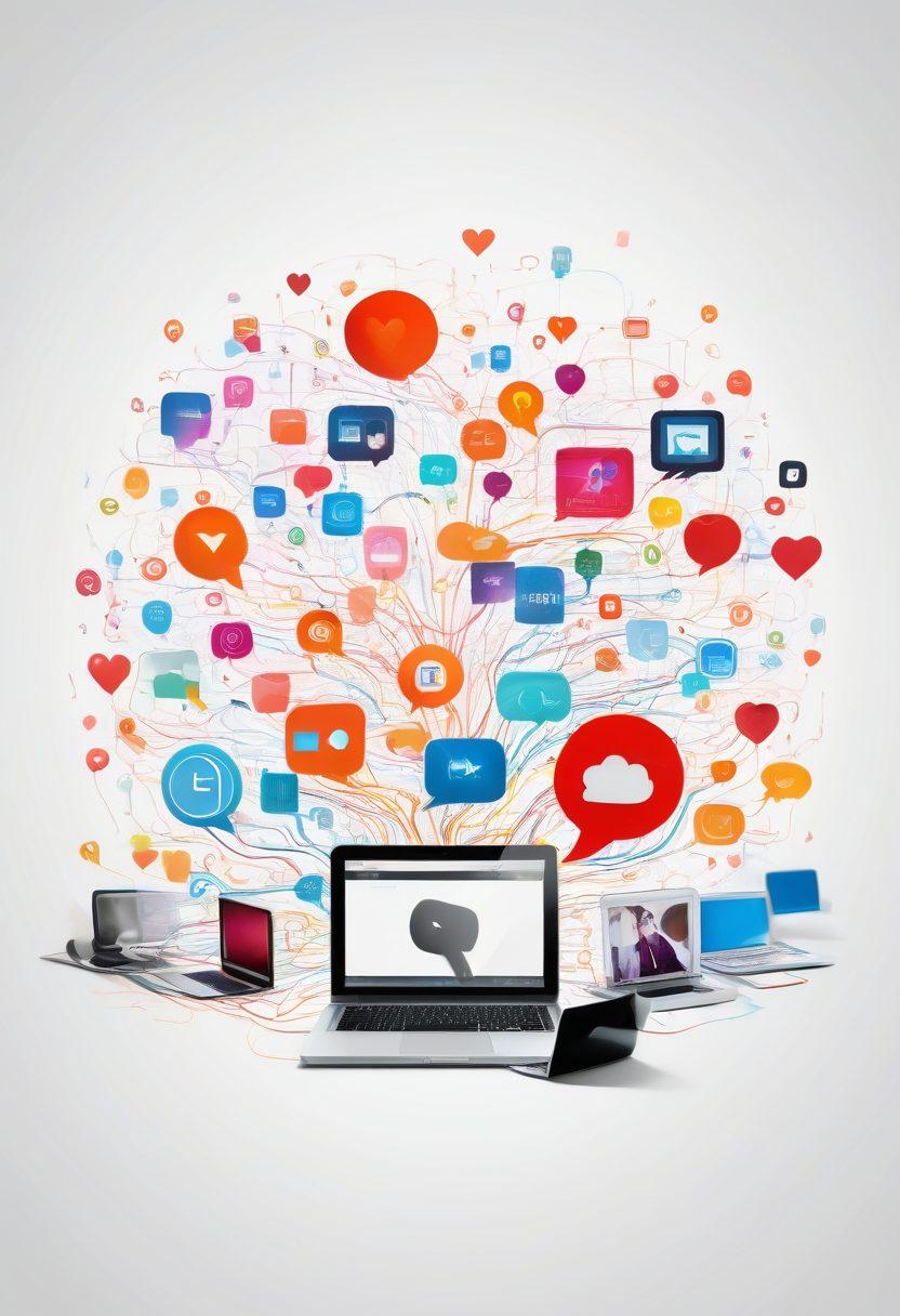 A vibrant digital landscape featuring diverse people connecting through laptops and mobile devices, surrounded by floating icons representing blogging and SEO, like graphs and chat bubbles. Include elements symbolizing community, like interconnected circles and hearts. Add a bright, inviting color scheme to evoke a sense of engagement and collaboration. super-realistic. vibrant colors. white background.